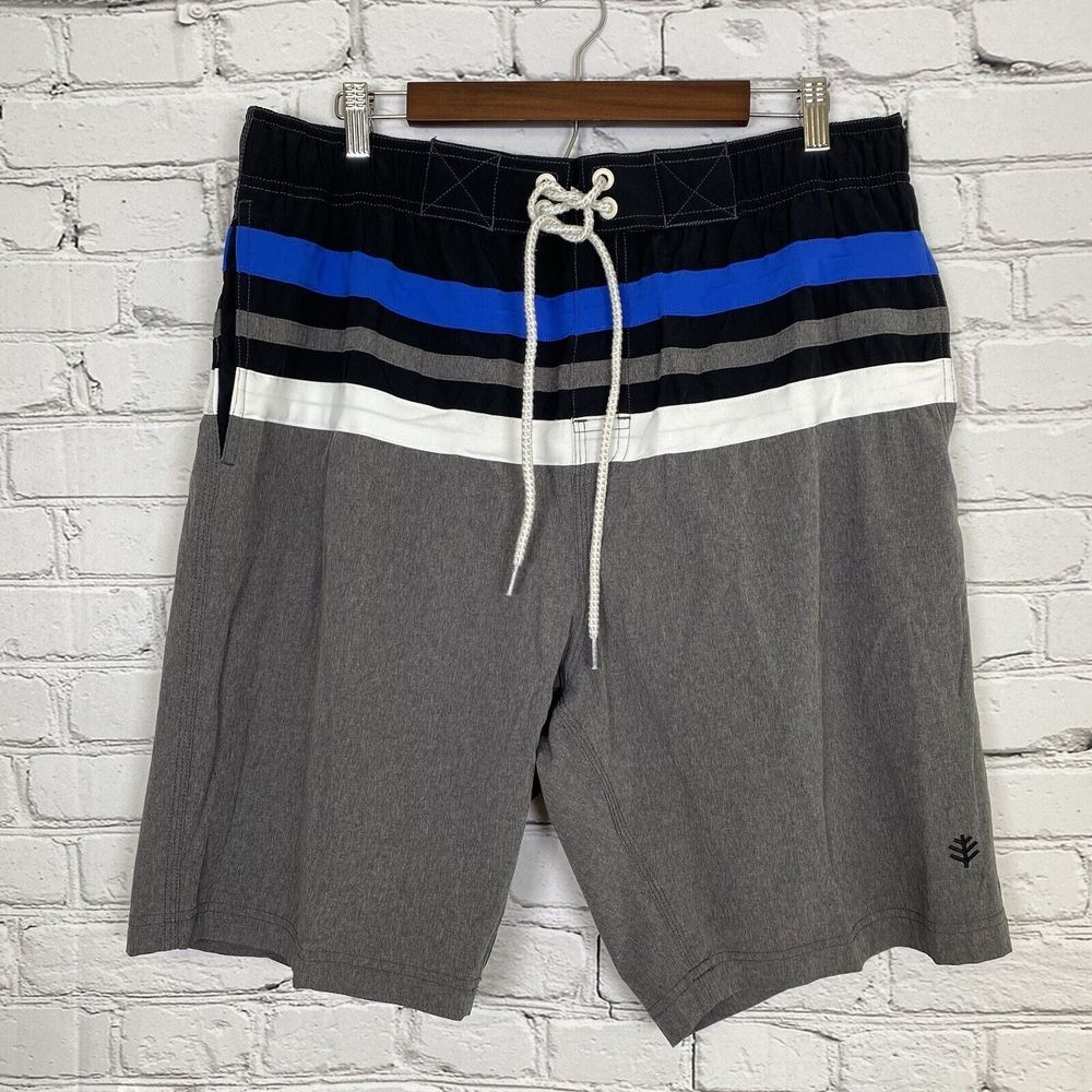 Coolibar Mens Island‎ Swim Trunks Size Large Gray UPF 50+ Mesh Lined Striped 10"